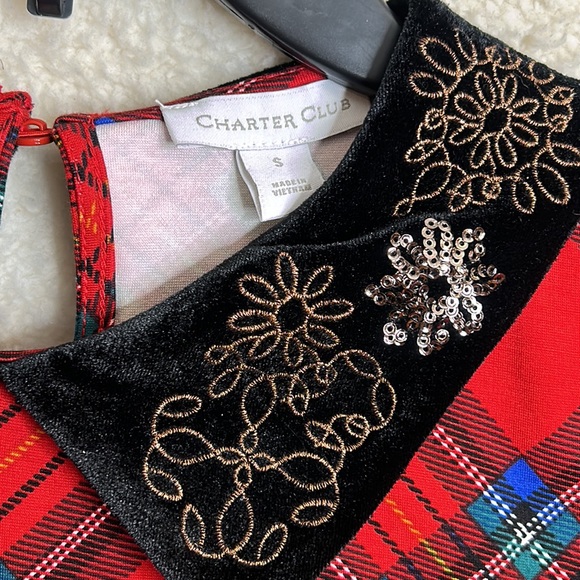 NWT Charter Club Womens Plaid Longsleeve Top Velvet Sequin Collar SMALL - Picture 2 of 6
